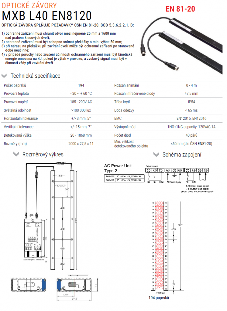 Optické závory MXB L40 dle ČSN EN 81-20